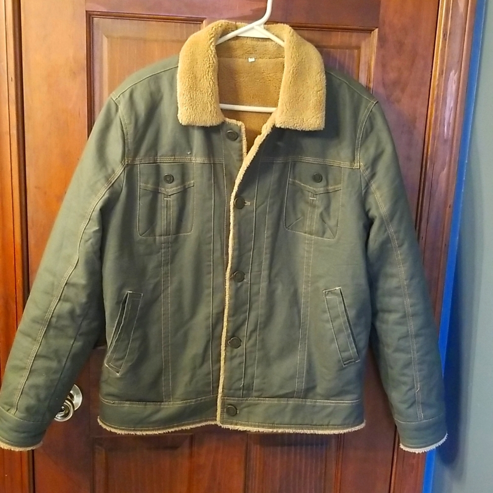 MENS OLIVE GREEN DENIM STYLE FLEECE LINED JACKET, Size XL